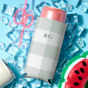 Enfriador De Latas Slim Cuadros de Gingham Verde Monogramado
