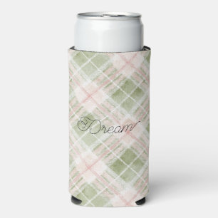 Enfriador De Latas Slim Cuadros de rayas rosadas con rubor verde