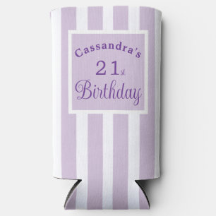 Enfriador De Latas Slim Cumpleaños 21 Lila Lavanda Morado Raya Elegante