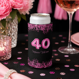 Enfriador De Latas Slim Cumpleaños 40 Chic Negro Rosa Brillo Falso