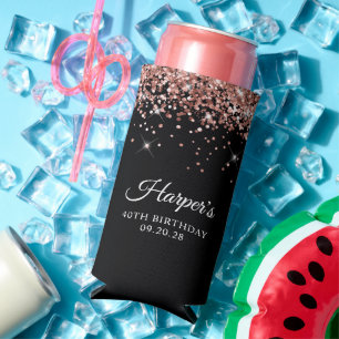 Enfriador De Latas Slim Cumpleaños 40 en Rosa Dorado Brillante Negro