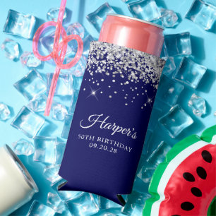 Enfriador De Latas Slim Cumpleaños 50 en azul marino con brillo plateado
