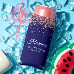 Enfriador De Latas Slim Cumpleaños 50 Rose Gold Glitter Azul Marino