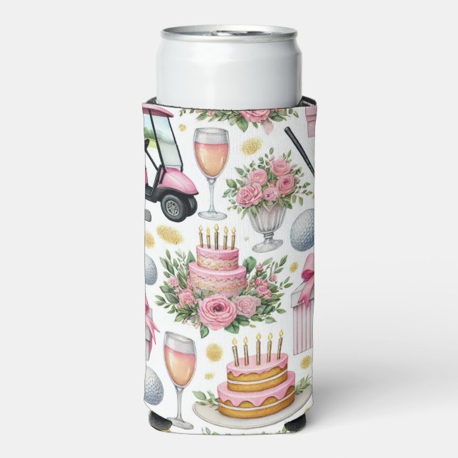 Enfriador De Latas Slim Cumpleaños del Golf Tema rosa para la mujer golfis