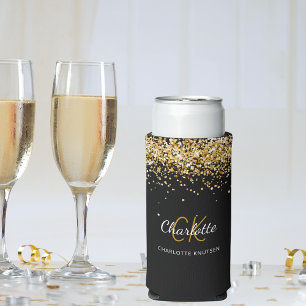 Enfriador De Latas Slim Cumpleaños nombre monograma oro negro