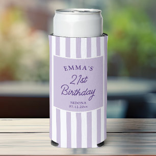 Enfriador De Latas Slim Cumpleaños personalizado preppy con rayas moradas
