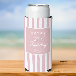 Enfriador De Latas Slim Cumpleaños personalizado preppy con rayas rosadas 
