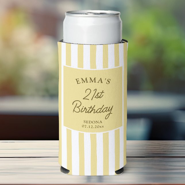 Enfriador De Latas Slim Custom 21st Birthday Cute Yellow Striped Party (Subido por el creador)