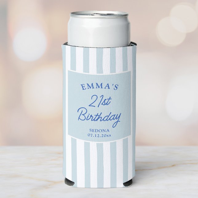 Enfriador De Latas Slim Custom 21st Birthday Preppy Blue Striped Party (Subido por el creador)