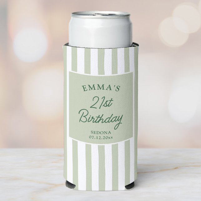 Enfriador De Latas Slim Custom 21st Birthday Preppy Sage Striped Party (Subido por el creador)