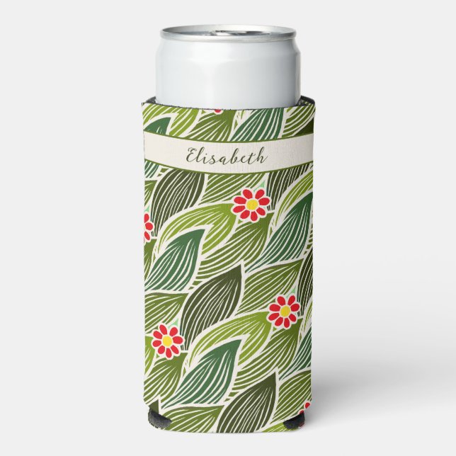 Enfriador De Latas Slim Cute Groovy Hippie Rojo Daisy Floral Patrón (Frente Agua con Gas)