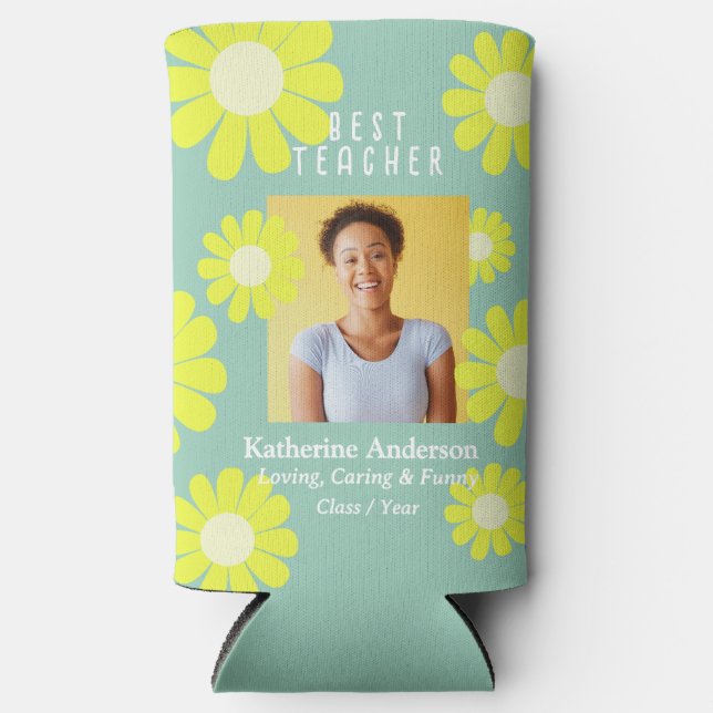 Enfriador De Latas Slim Daisy Best Teacher Photo Light Green (Anverso)