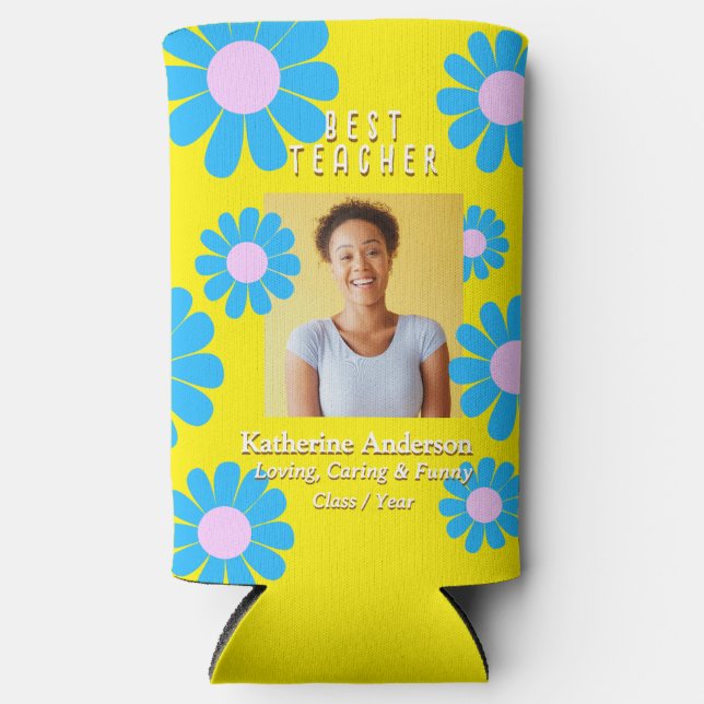 Enfriador De Latas Slim Daisy Best Teacher Photo Yellow (Anverso)