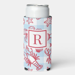 Enfriador De Latas Slim Decoración de cocina gingham de mariscos costeros