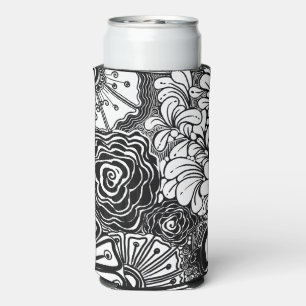 Enfriador De Latas Slim Dibujo con patrón floral Zen en blanco y negro