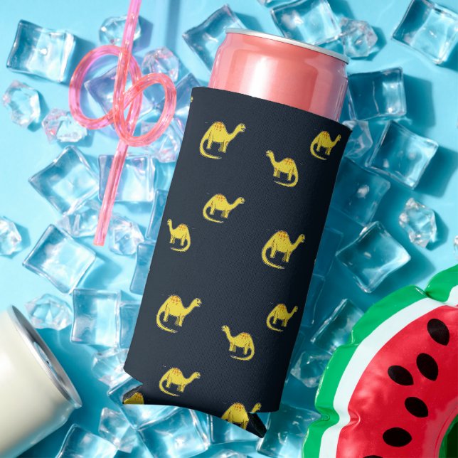 Enfriador De Latas Slim Dinosaurios amarillos en azul (Verano in situ)