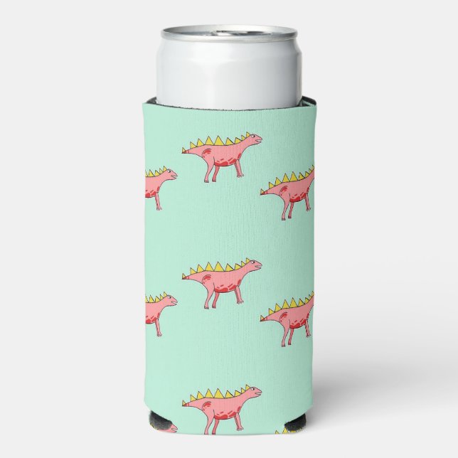 Enfriador De Latas Slim Dinosaurios rosados en azul (Frente Agua con Gas)