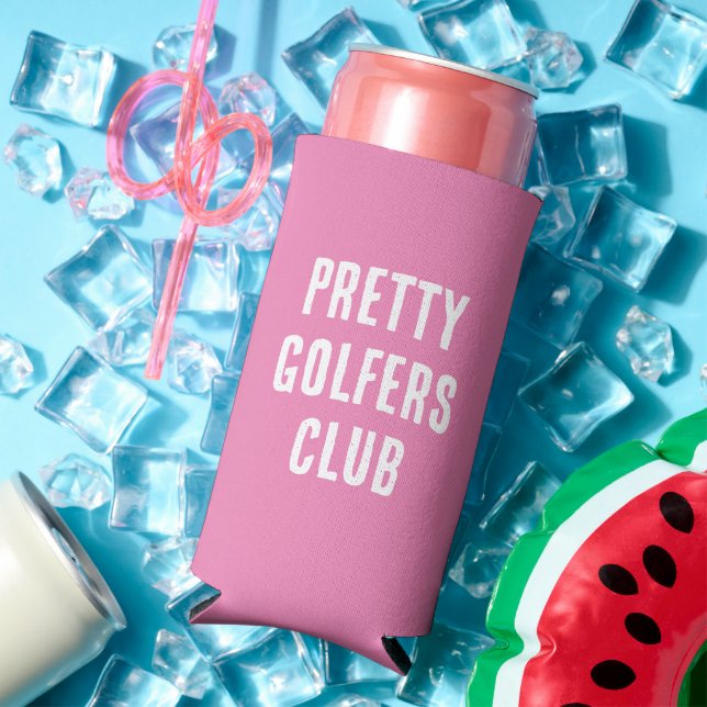 Enfriador De Latas Slim Divertido "Club de Golf de Bonitos". Rosa y blanco (Verano in situ)