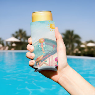 Enfriador De Latas Slim Divertido Fiesta de la piscina de verano acuarela 