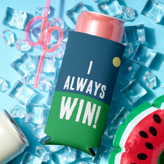 Enfriador De Latas Slim Divertido "¡Siempre gano!" Golfing Blue & White (Verano in situ)