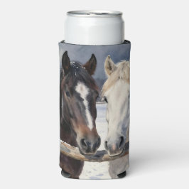 Enfriador De Latas Slim Dos caballos en una granja nevada bajo la luna