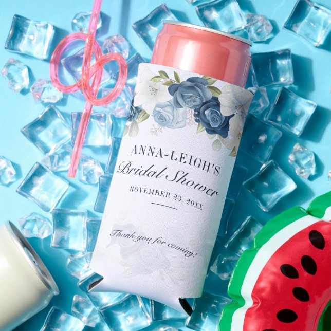 Enfriador De Latas Slim Duste Blue Floral Eucalyptus Bridal Shower
