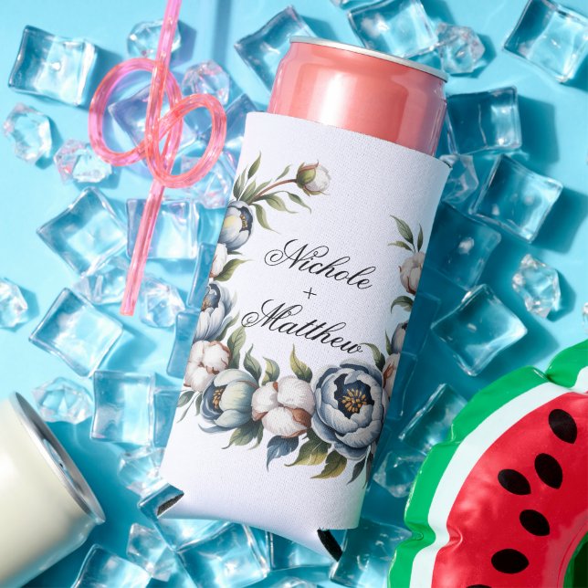 Enfriador De Latas Slim Dusty Blue and Cotton Wedding Favor (Verano in situ)