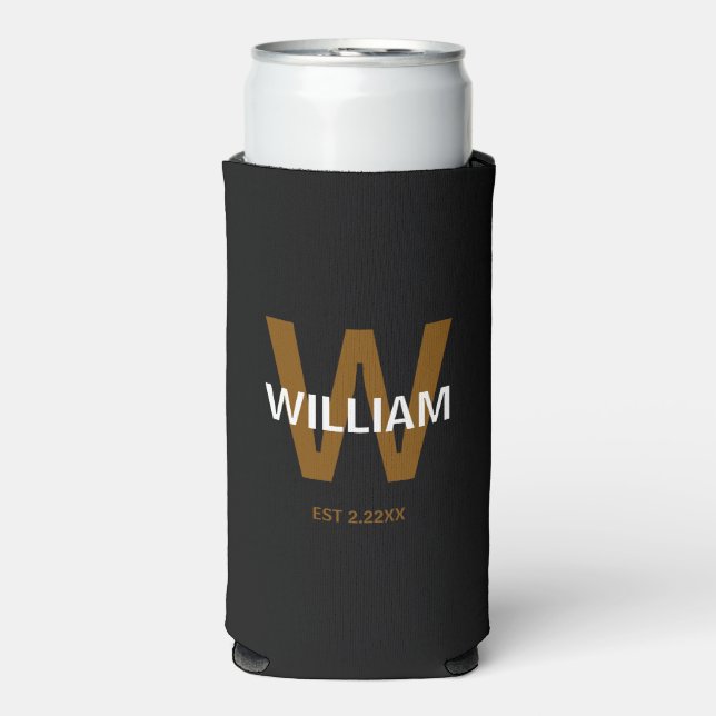 Enfriador De Latas Slim Elegant Black &White Personalized Name Monogram (Frente Agua con Gas)