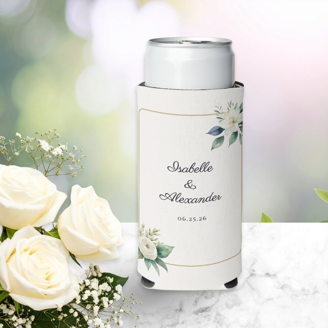 Enfriador De Latas Slim Elegant White Floral and Gold Frame Wedding (A floral can cooler wedding favor, personalized with the newlyweds' names and wedding date)