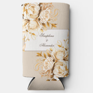 Enfriador De Latas Slim Elegante Boda Floral de Oro y Marfil