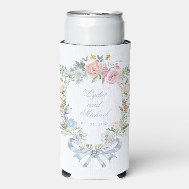 Enfriador De Latas Slim Elegante Boda Monograma Escudo Floral (Frente Agua con Gas)