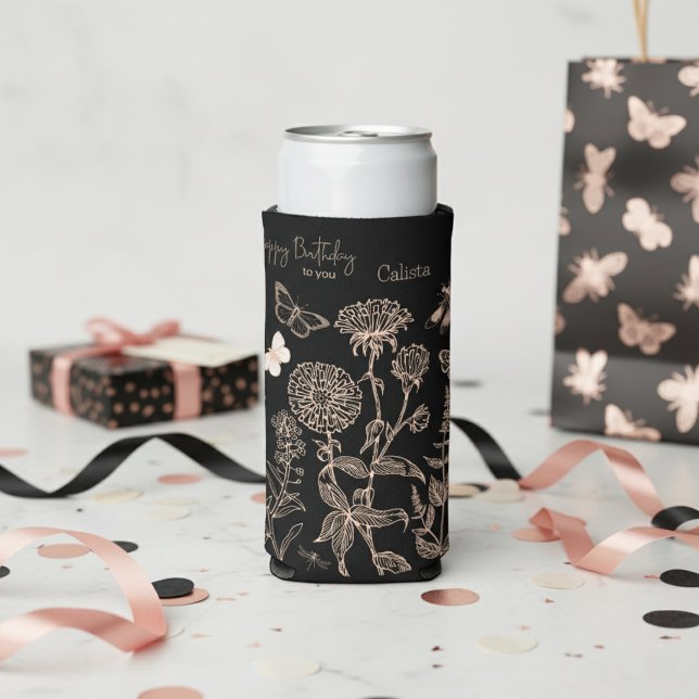 Enfriador De Latas Slim Elegante "cumpleaños feliz" botánico personalizado (Elegant Botanical "Happy Birthday" Personalized Seltzer Can Cooler)