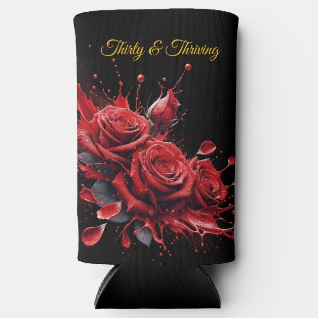 Enfriador De Latas Slim Elegante cumpleaños número 30 - Rosas en flor (Anverso)