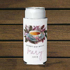 Enfriador De Latas Slim Elegante Fiesta de Té Burgundy Floral Acuarela Nom