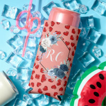 Elegante Floral Azul Polvoriento y Corazones Rojos