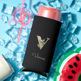 Enfriador De Latas Slim Elegante Monograma Botánico Carta de Oro V