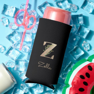 Enfriador De Latas Slim Elegante Monograma Botánico Carta de Oro Z