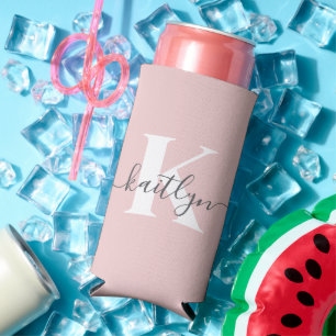 Enfriador De Latas Slim Elegante monograma de letra script rosa grisáceo