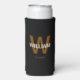 Enfriador De Latas Slim Elegante Monograma de Nombre Personalizado en Negr
