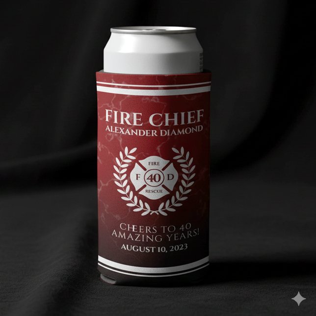 Enfriador De Latas Slim Elegante retiro de bombero de mármol rojo (Elegant Retiring Firefighter Red Marble Seltzer Can Cooler Cover Photo)