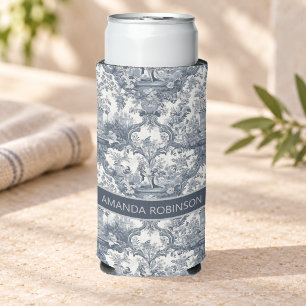Enfriador De Latas Slim Elegante vintage azul monograma toile de jouy
