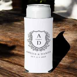 Enfriador De Latas Slim Escudo blanco negro Boda de monograma moderno