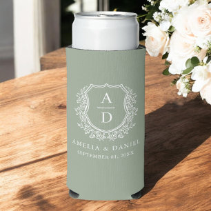 Enfriador De Latas Slim Escudo verde sabio Boda de monograma moderno