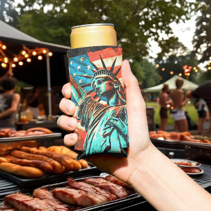 Enfriador De Latas Slim Estatua de la Libertad y Bandera Americana