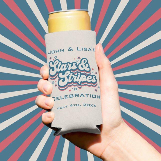 Enfriador De Latas Slim Estrellas y rayas - 4 de julio (These retro 4th of July seltzer can coolers are perfect mementos of your party. )