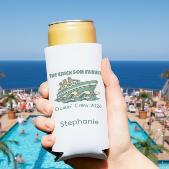 Enfriador De Latas Slim Family Cruise Retro Vacation (Retro family cruise can cooler)