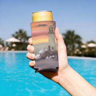 Enfriador De Latas Slim Faro Costero Con Cielo Rosa Y Naranja Seltze
