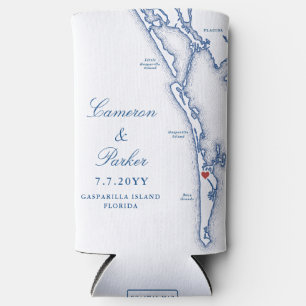 Enfriador De Latas Slim Favor de boda Mapa de Gasparilla Island FL Azul Ma