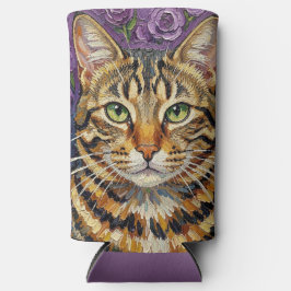 Enfriador De Latas Slim Felino y floral | Arte de gato artístico adorable 