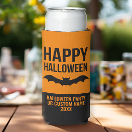 Enfriador De Latas Slim Feliz Bat de Halloween con nombre Fiesta - naranja